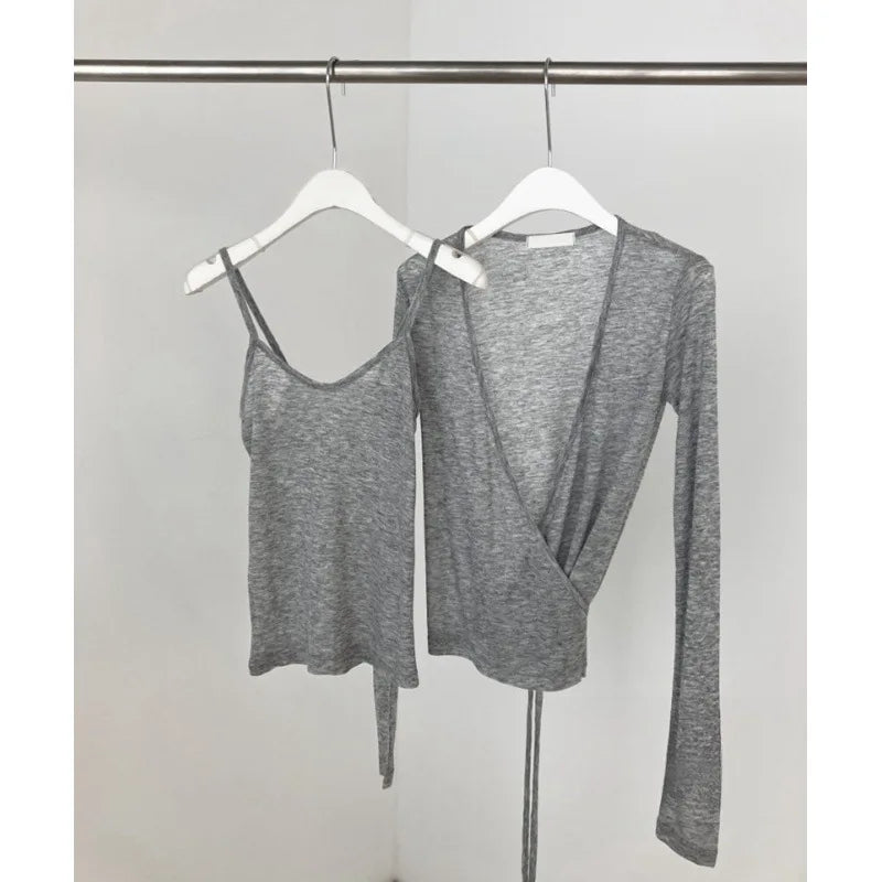 New Sexy Thin Slightly Transparent Two-piece Suit for Women Casual Slim Long Sleeve Cardigan + Suspenders Vintage Sweet Chic Top