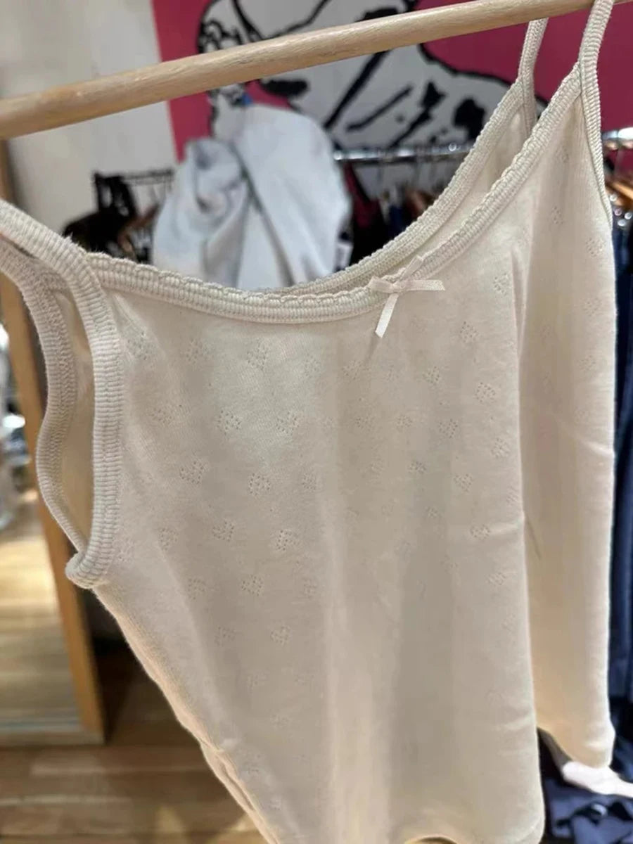 Beige Heart Hollow Out Bow Tank Tops Women Summer Cotton Slim Casual Street Sleeveless Vests Female Vintage Sweet Cute Y2K Camis