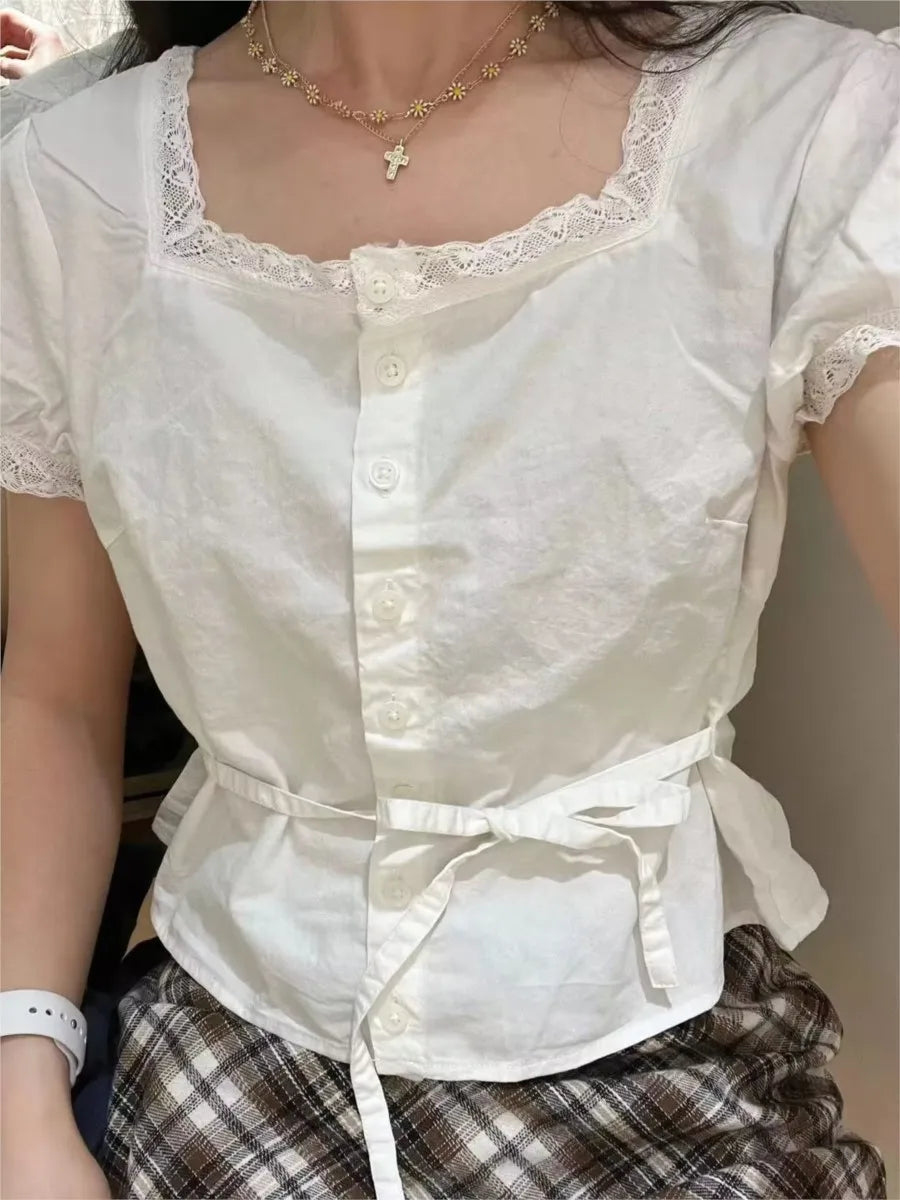 Lace Trim White Buttons Short Sleeve Tees Women Casual Back Lace-up Streetwear Shirt Tops Sweet Chic Preppy Style T-shirts New
