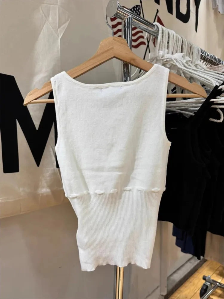 White Drawstring Knitted Tank Tops Women New Simple Slim Cotton Buttons High Waist O-neck Camisole Sweet Cute Preppy Style Vests