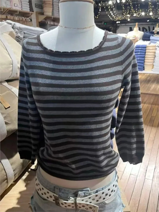 Striped Lace Trim Scoop Neck T-shirts Woman Spring Cotton Slim Navy Three Quarter Sleeve Crop Top Vintage Knitted Tee Shirts