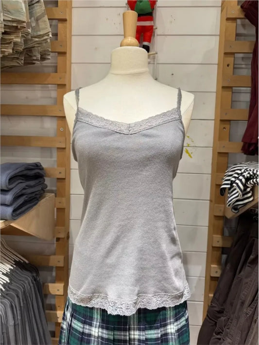 Ribbed Lace Trim Slim Tank Top Women Summer Solid Cute V-neck Cotton Camisole Female Casual Simple All-match Basic Vest Y2k Tops