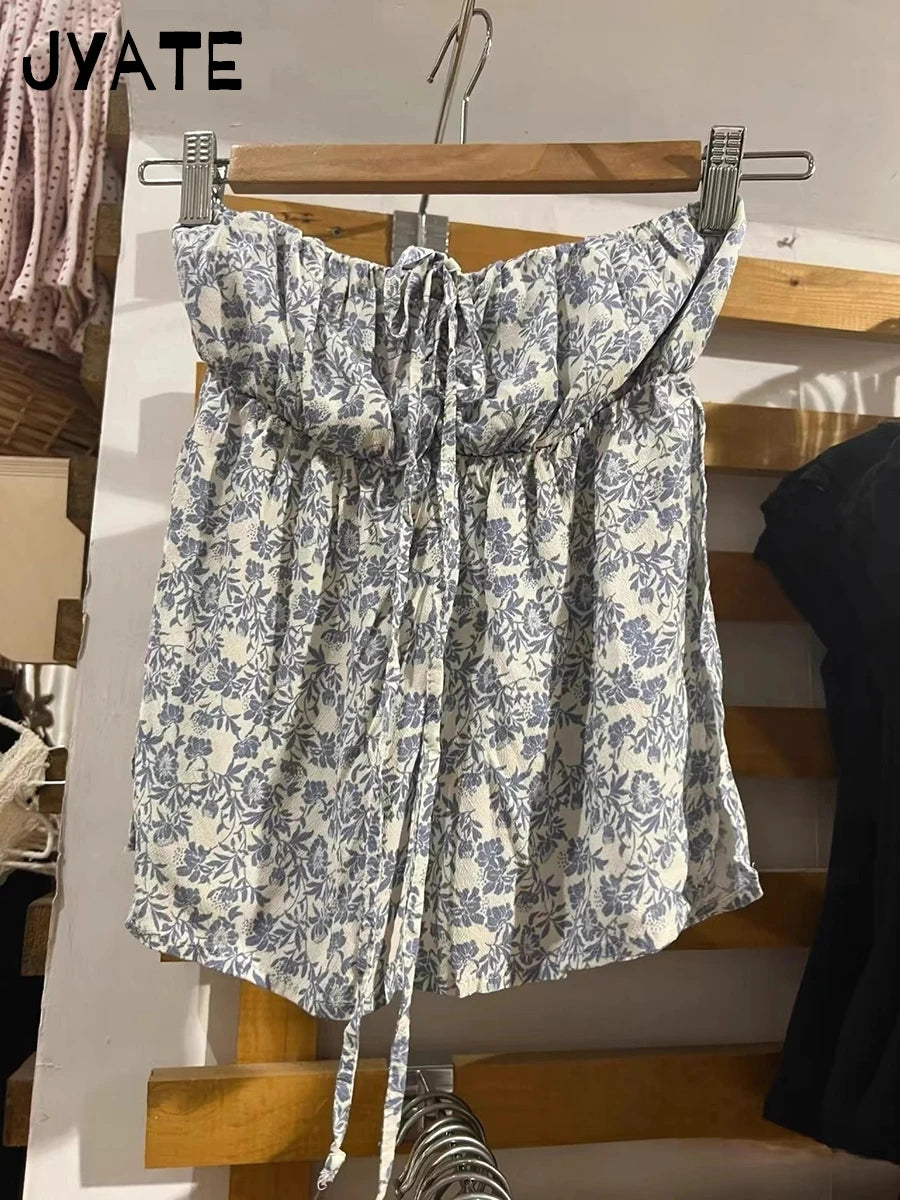 Floral Print Sexy Strap Halter Neck Camisole Women Summer Slim Streetwear Sleeveless Cropped Vests Sweet Cute Vintage Tank Tops