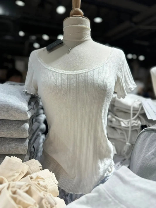 Textured Ruffle White Slim T-shirt Women Summer Lace Trim Scoop Neck Cotton Short Sleeve Tees Cute Sweet Preppy Style T-shirts