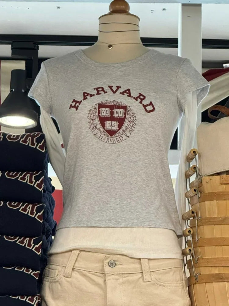 Letter Print Slim T-shirt Women Preppy Style O-neck Short Sleeve Cotton Tee Shirts American Vintage Harvard Pattern  Crop Tops