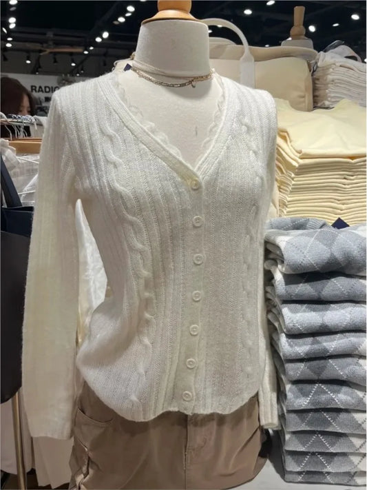 Sweet Lace Trim Twisted Flower Sweater Coat Women Autumn New Cotton Sexy V-neck Slim Crop Tops Casual Vintage Chic Cardigan Y2K