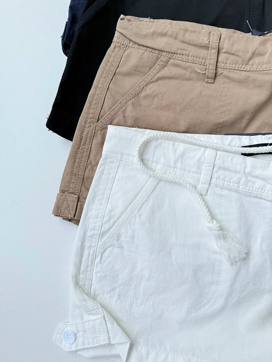 Solid Cotton Short Pants Women Summer Casual Pocket Button Straight Waist Sweatshort Sweet Chic Preppy Style Cargo Shorts Y2K