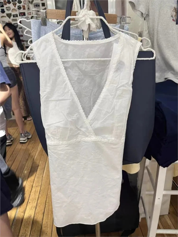 Lace Trim Deep V-neck Tank Tops Women Summer White Cotton Back Lace-up Slim Sleeveless Tees Sexy Sweet Preppy Style Vest Y2K