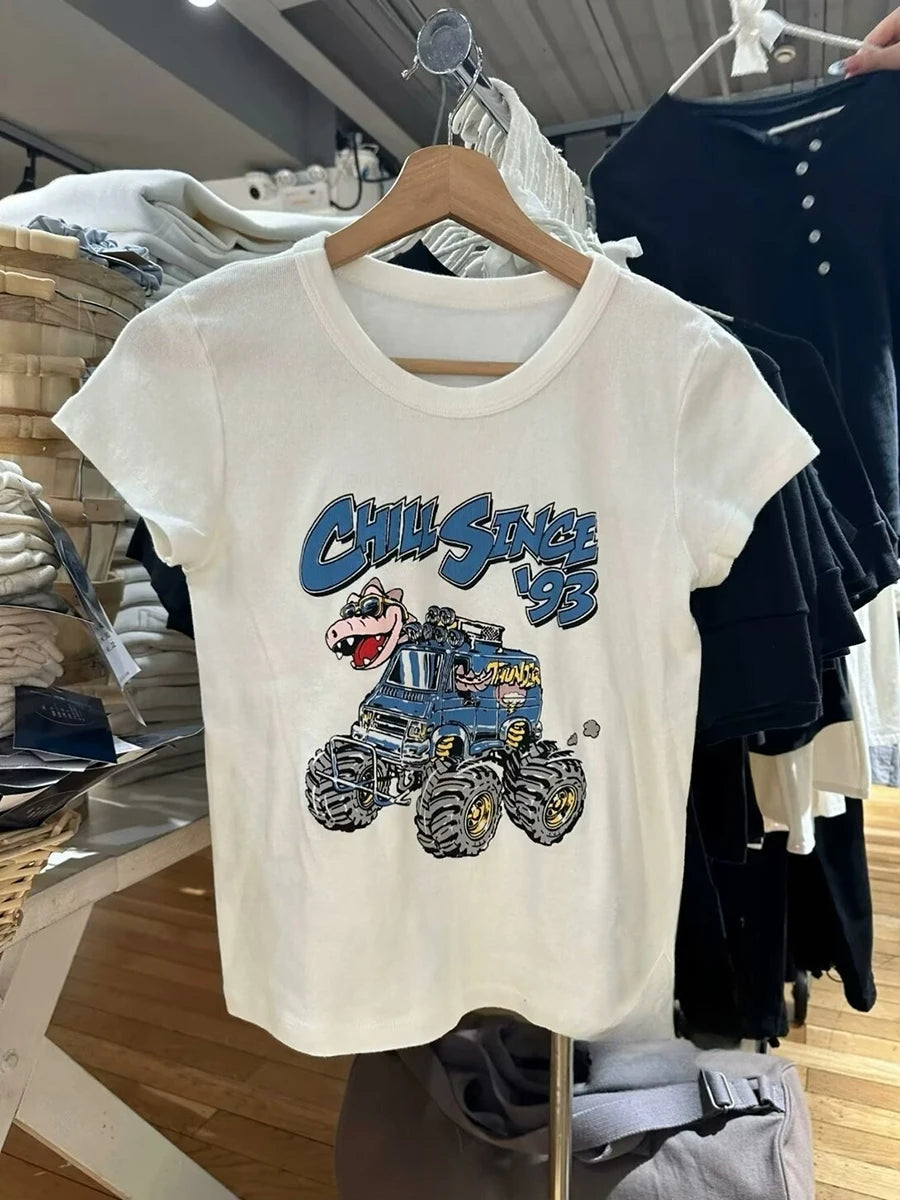 Vintage Car Print T-shirt Women Summer Cotton Casual Streetwear O-neck Short Sleeve Tee Shirts Female Sweet Tshirt Y2K Tops Girl