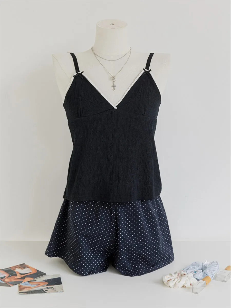 Black Lace Trim Bow Tank Tops Women Summer Casual Streetwear Sleeveless V-neck Sexy Vests Vintage Sweet Preppy Style Camis OOTDS
