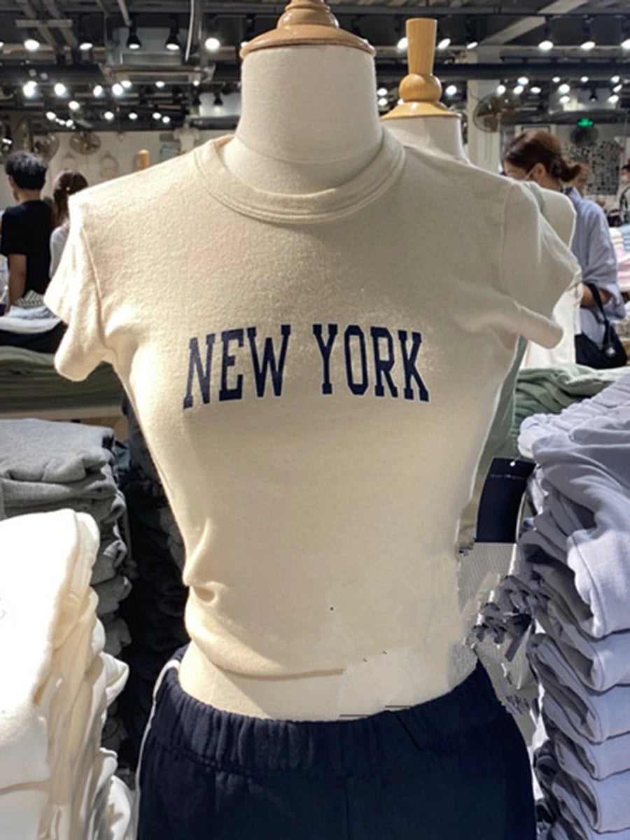 Vintage Basic Letter Print Cotton Crop Tops Women Summer O-neck Simple Gray Short Sleeve Tees Female Harajuku Chic Y2K T-shirts