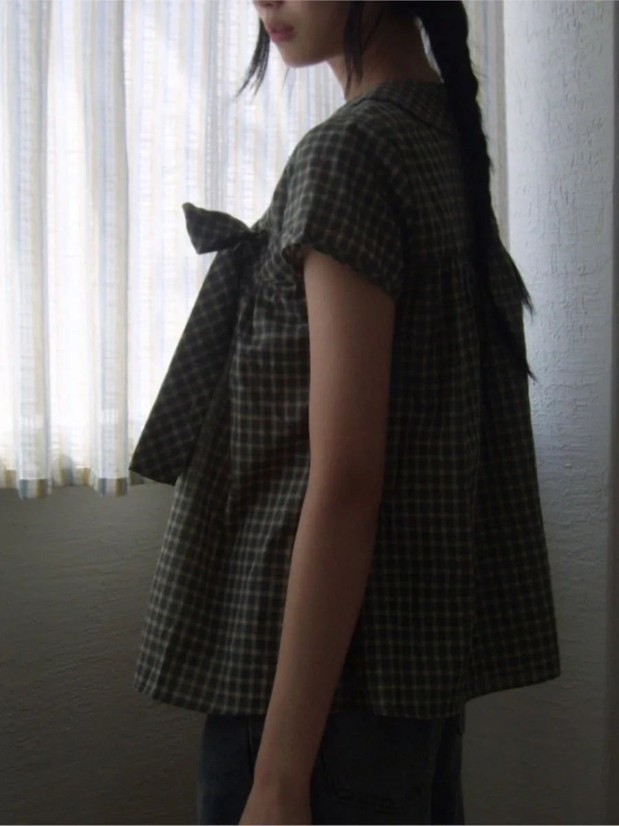 Retro Plaid Bow Lace-up T-shirts Blouse Women Summer New Korean Streetwear Doll Collar Short Sleeve Tees Vintage Sweet Cute Tops