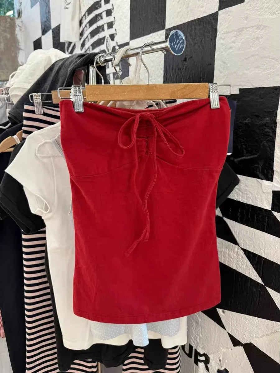 Cute White Drawstring Folds Strapless Tank Top Women Summer Cotton Slim All-match Camis Female Sweet Preppy Style Vest Y2K Tops