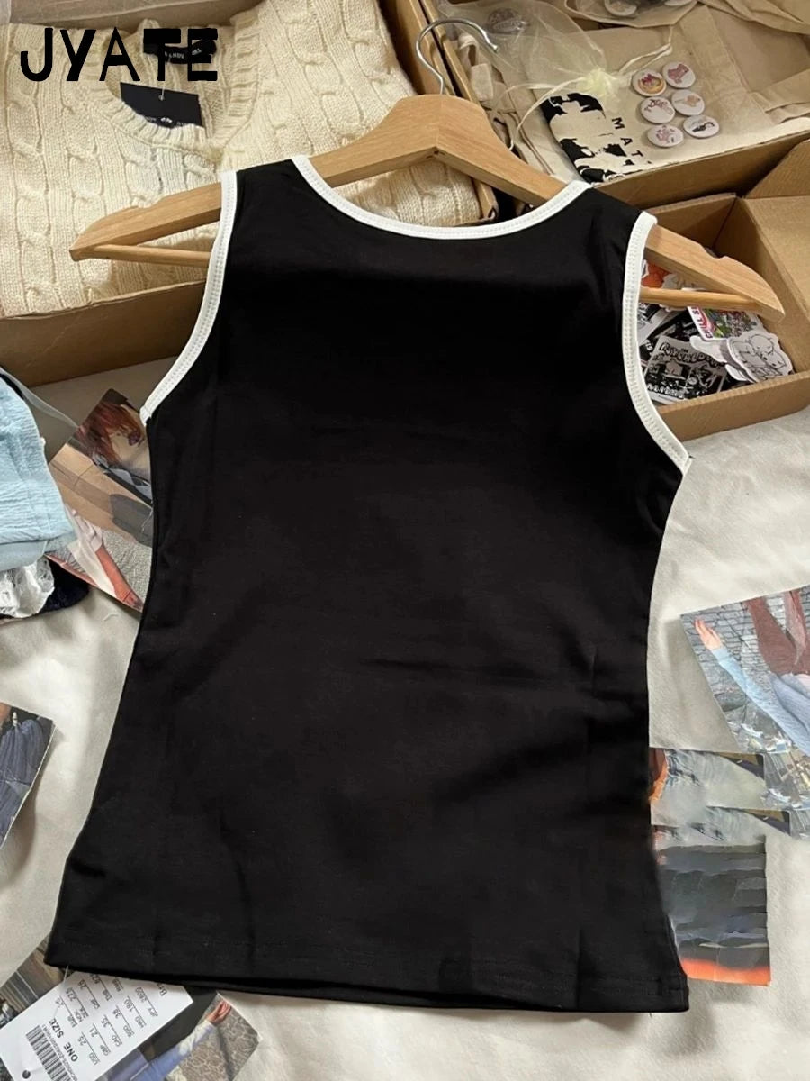 Harajuku Patchwork Black Slim Tank Tops Women New Cotton Casual Round Neck Sleeveless Crop Top Female Vintage Chic Basic Vests