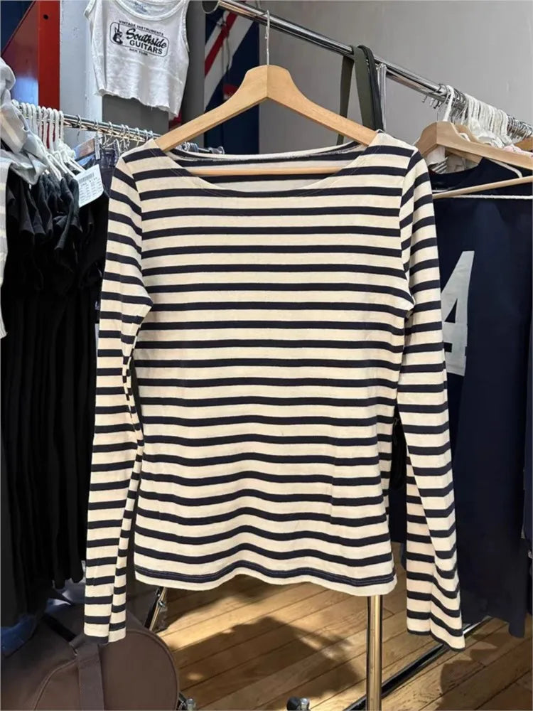 American Navy Striped Long Sleeve T-shirt Women Spring Scoop Neck Slim Cotton Tee Shirts Vintage Streetwear Sweatshirt Y2k Tops