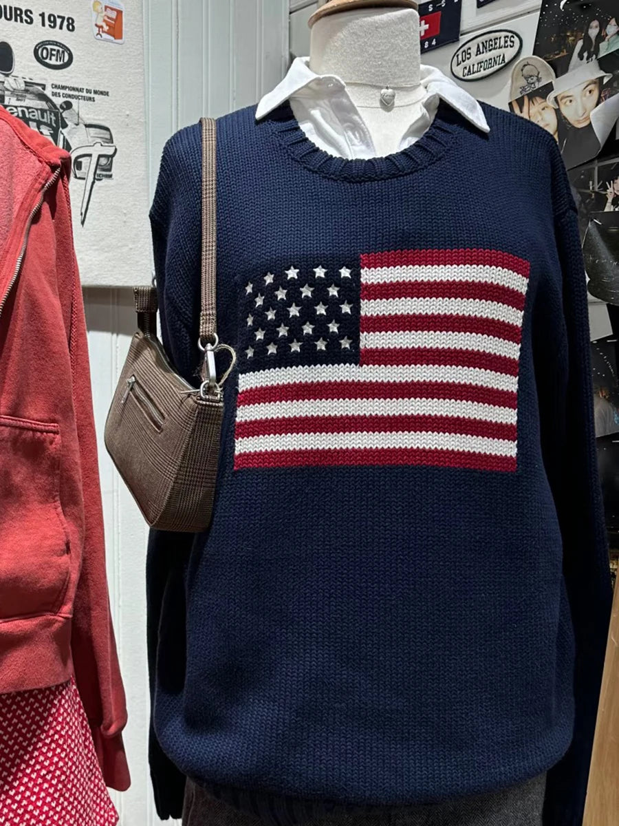 Retro Flag Jacquard Graphic Sweater Women Crew Neck Long Sleeve Jumper American Vintage Preppy Style Knitted Tops Pullover  Y2K