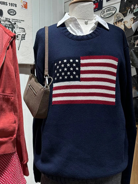 Retro Flag Jacquard Graphic Sweater Women Crew Neck Long Sleeve Jumper American Vintage Preppy Style Knitted Tops Pullover  Y2K