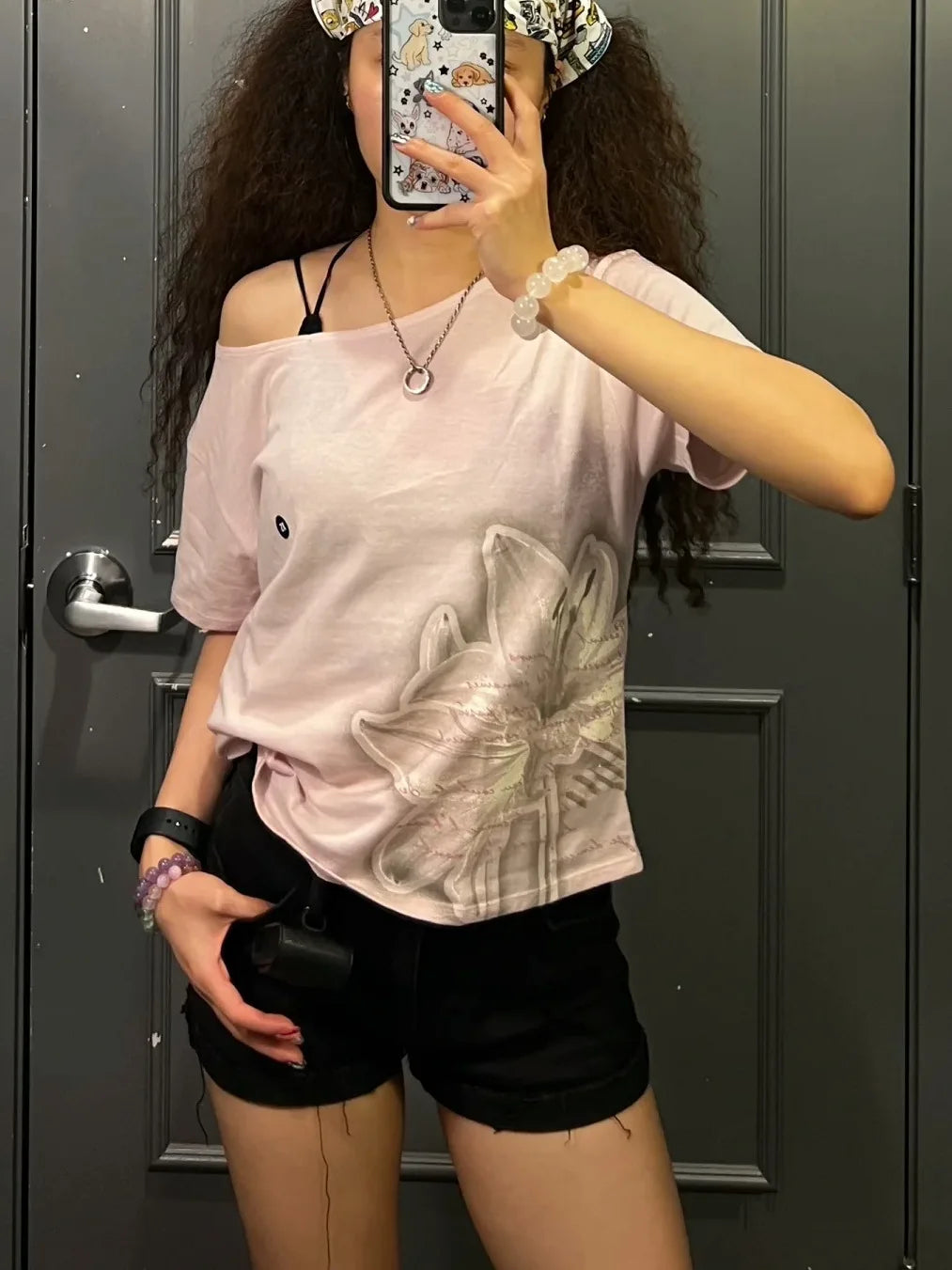 Sweet Flower Print T-shirt Women O-neck Cotton Back Bow Lace-up Cut Out Short Sleeve Tshirt Female Vintage Preppy Style Tee Tops