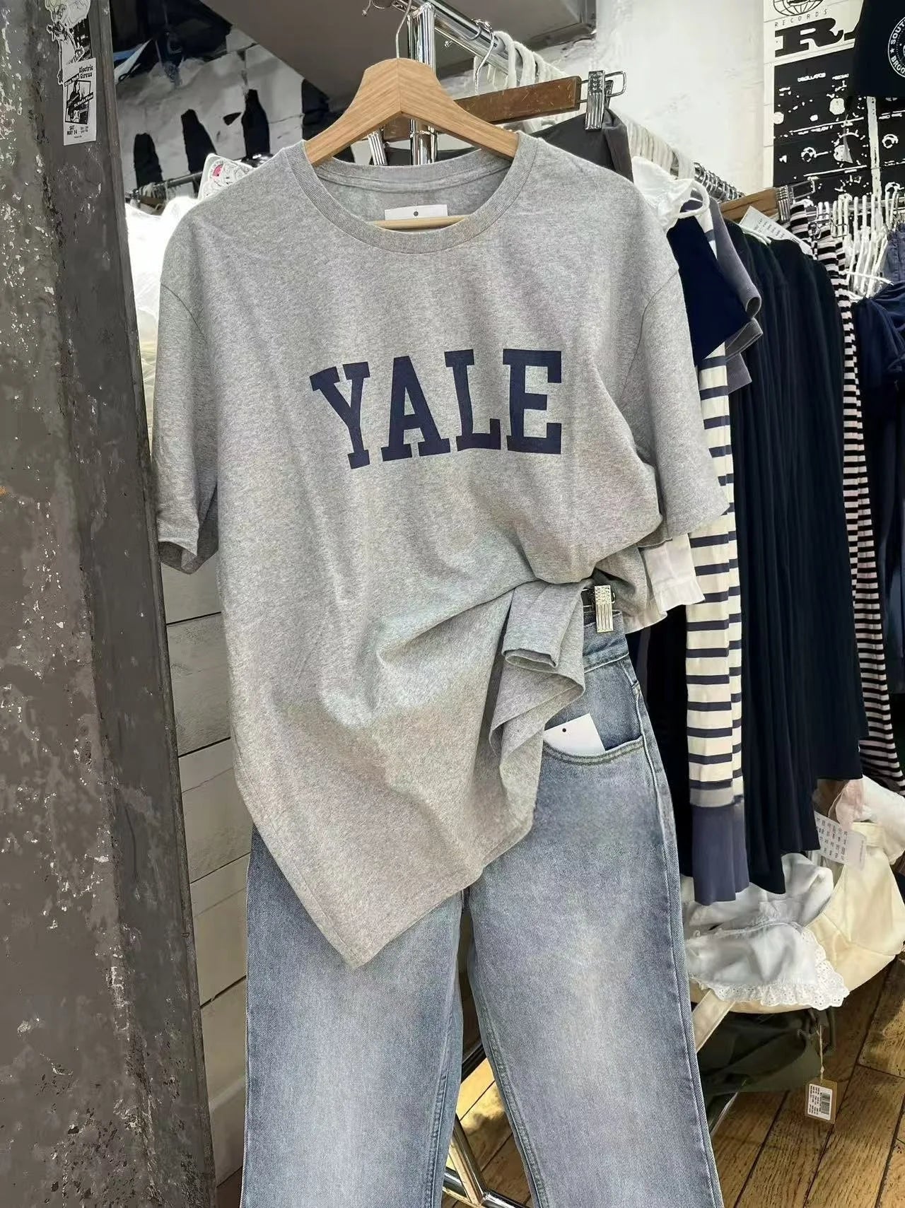 YALE Print Gray Short Sleeve Tees Women Summer New Chic Cotton Casual O-neck Loose Tops Female Vintage Simple Chic T-shirts Y2K