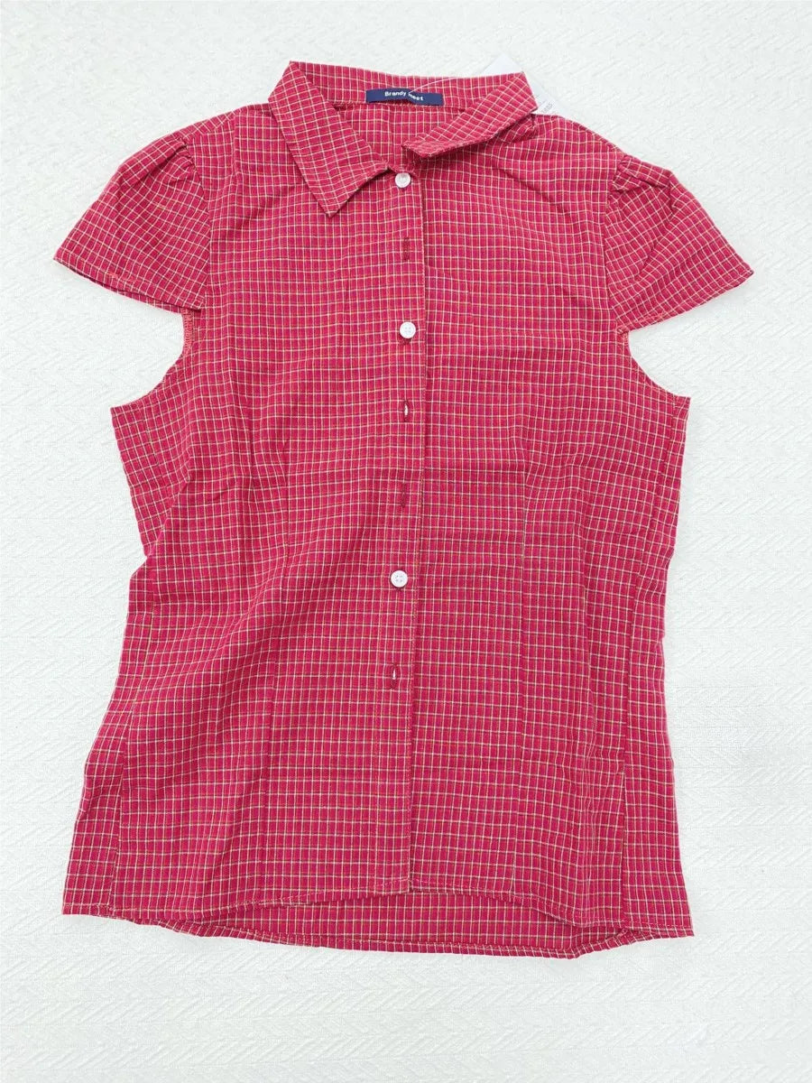 Vintage Red Plaid Blouse T-shirt Short Set Women Summer Buttons Tee+Straight Sweatshorts Suit Sweet Home Pajama 2 Piece Sets Y2K