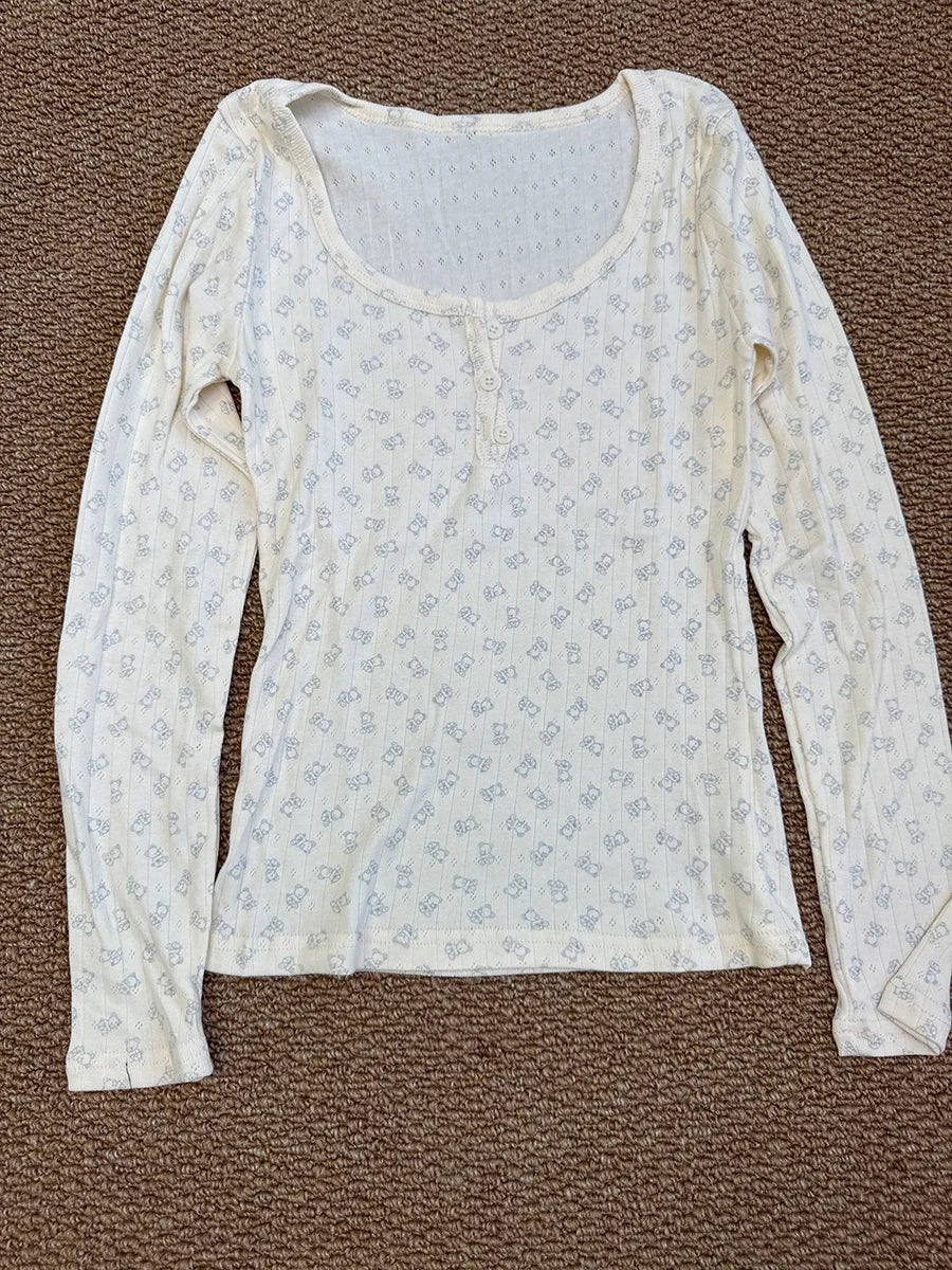 Floral Zelly T-shirts Women Spring Casual Simple Cotton Soft Button Long Sleeve Tees Sweet Cute Preppy Style Tshirt