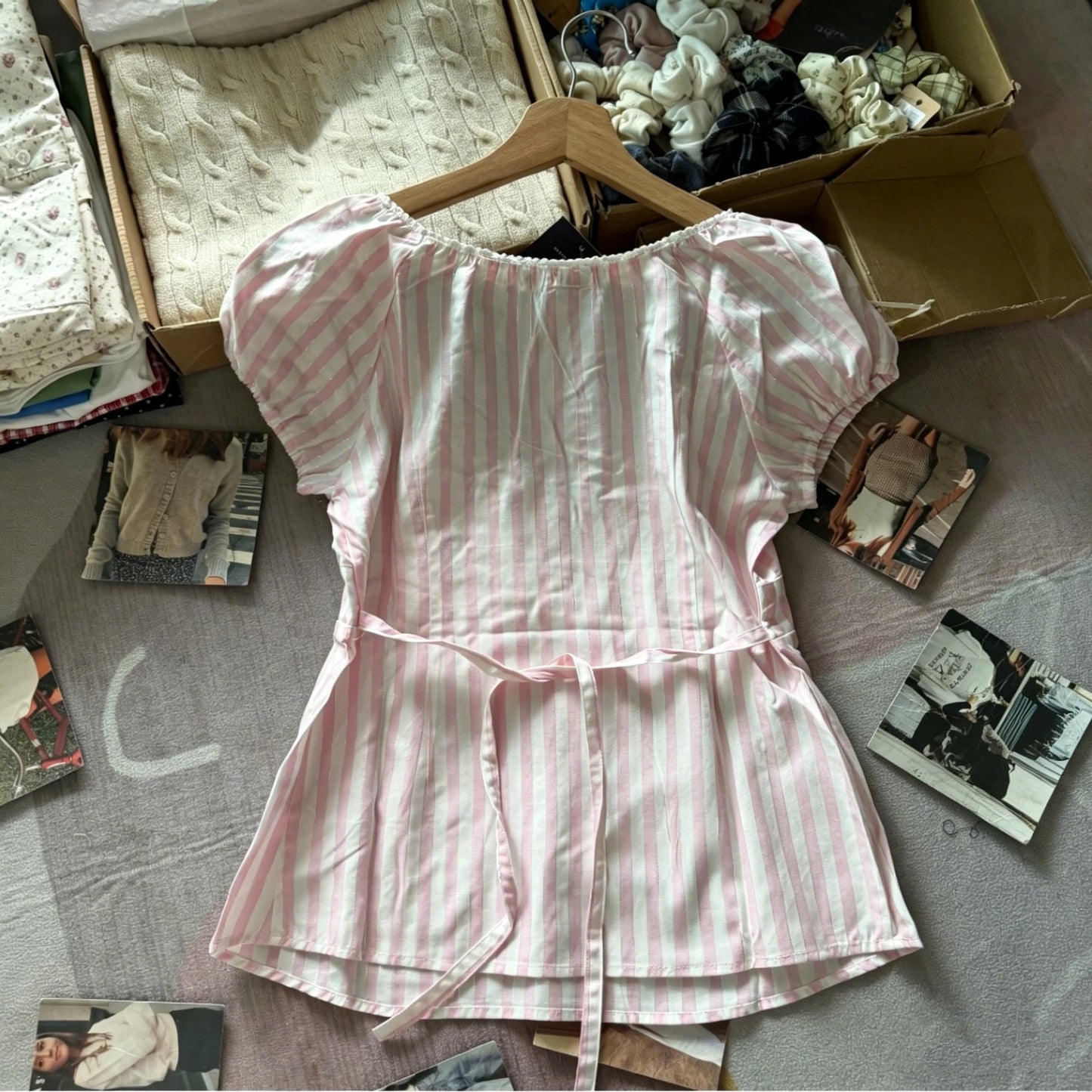 Pink Striped Puff Sleeves Tees Women Simple Pretty Versatile Blouse with Short Sleeve Tops Sweet Preppy Style Cute T-shirts Y2K