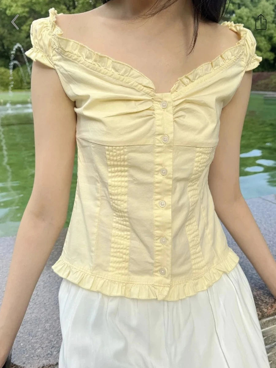 Blue Striped Folds Blouse Top Women New Casual Single Breasted Ruffle Sleeveless Tank Tops Vest Sweet Preppy Style Camisole Y2K