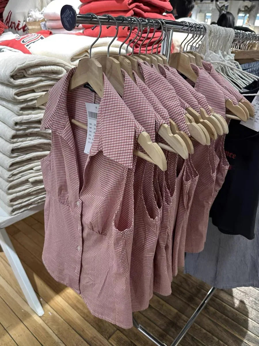 Pink Striped Blouse T-shirts Women Summer Casual Slim Turn-down Collar Sleeveless Tees Cute Sweet Preppy Style Y2K Crop Tops New