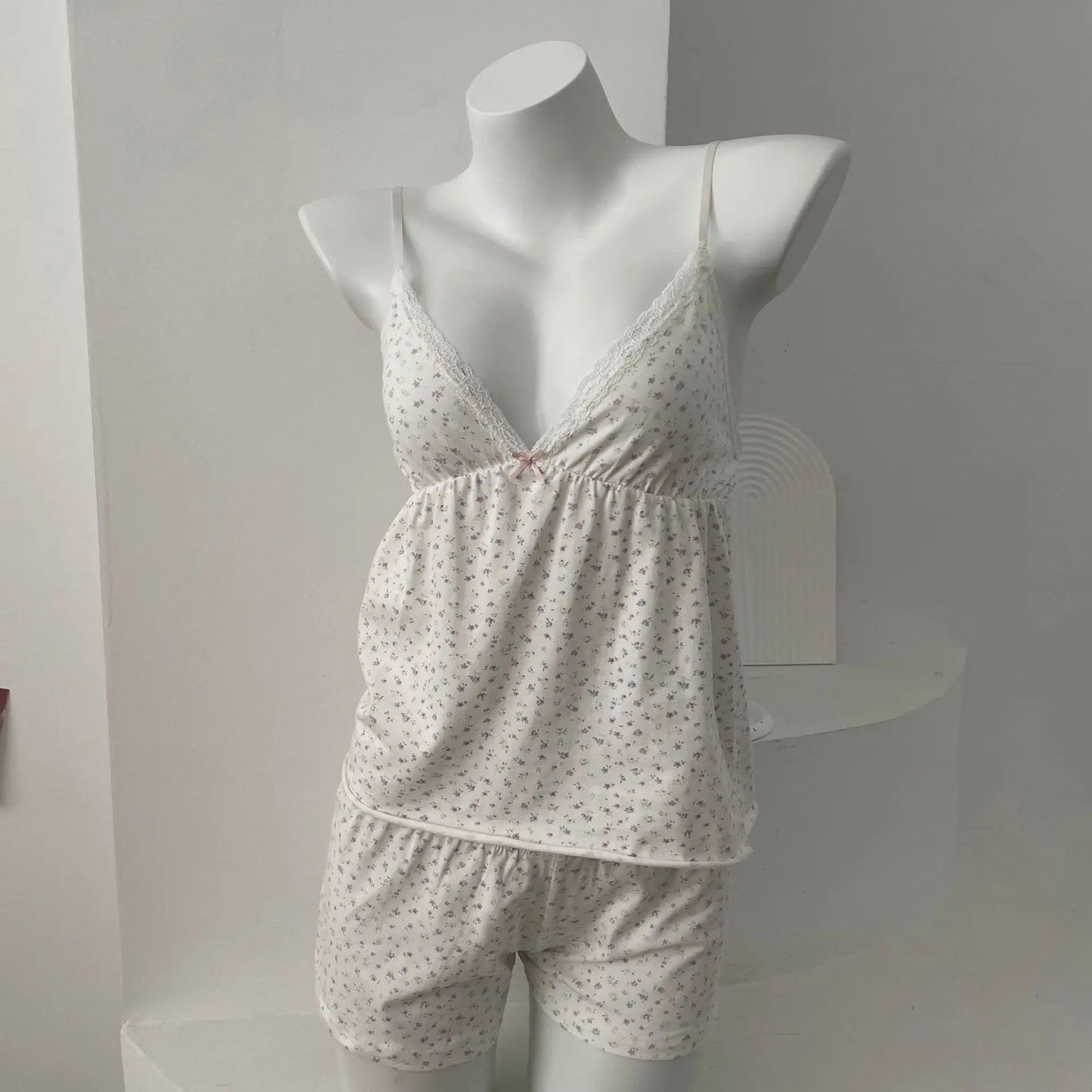 Floral Print V-neck Tank Tops Women Summer New Lace Trim Bow Casual Pajama Sleeveless Vests Sweet Cute Preppy Style Camisole Y2K