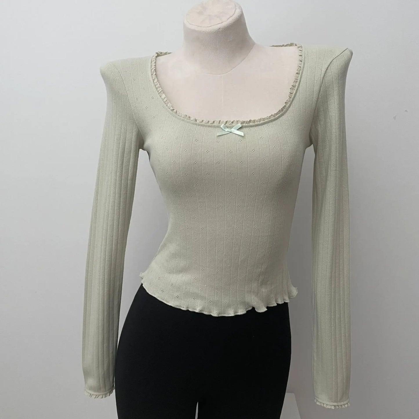 Solid Hollow Out Cotton Soft T-shirts Spring Bow Lace Trim Square Neck Long Sleeve Tee Slim Chic Sweet Vintage Cute Crop Tops
