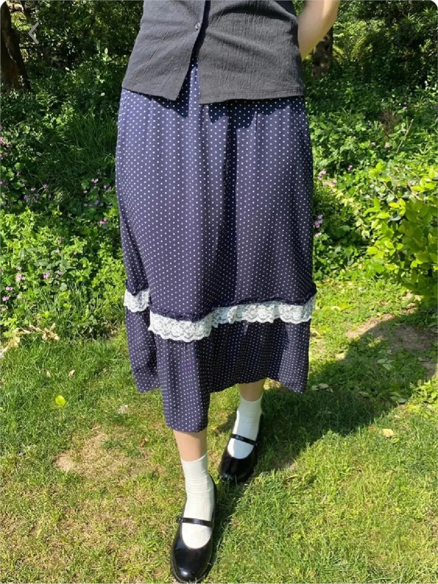Navy Polka Dot Midi Skirt Women Summer Casual Lace Ruffles Patchwork A-line Long Faldas Female Sweet Vintage Preppy Style Skirts