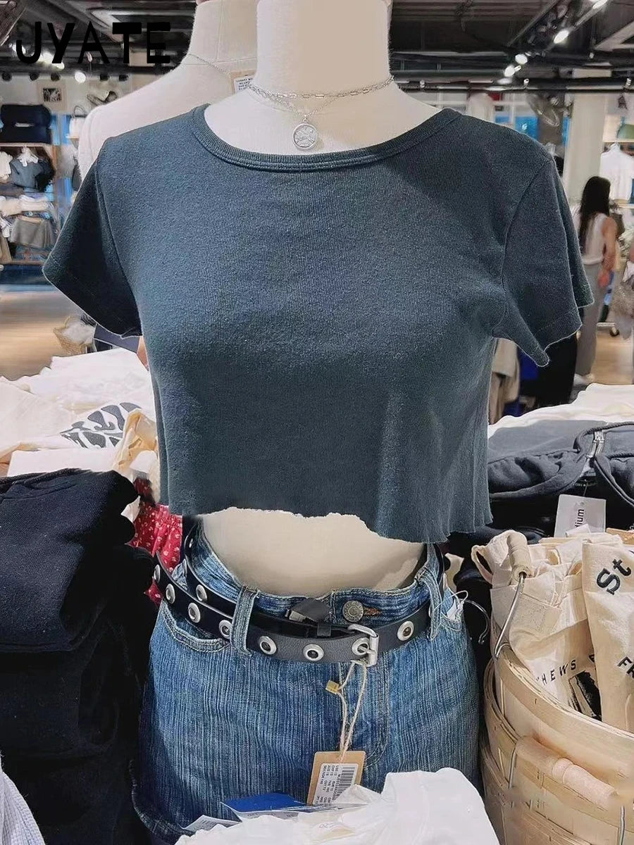 White Raw Hem Simple Crop Tops Women 2024 New Cotton Casual Cute Preppy Style Short Sleeve Tees Vintage Basic Chic T-shirts Y2K