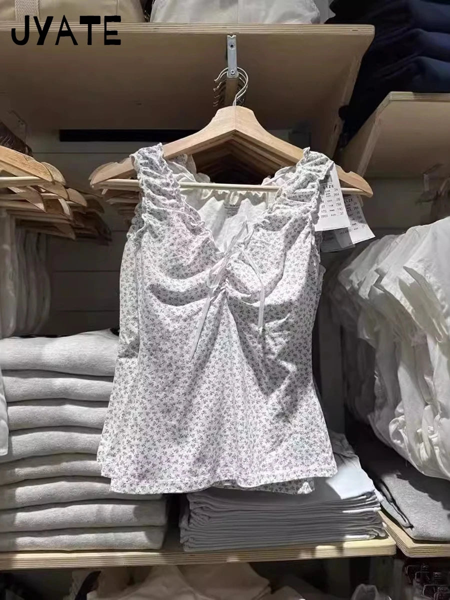 New Floral Print Fungus V-neck Tank Top Women New Cotton Preppy Style Casual Lace-up Folds Vests Sweet Cute Vintage Camisole Y2K