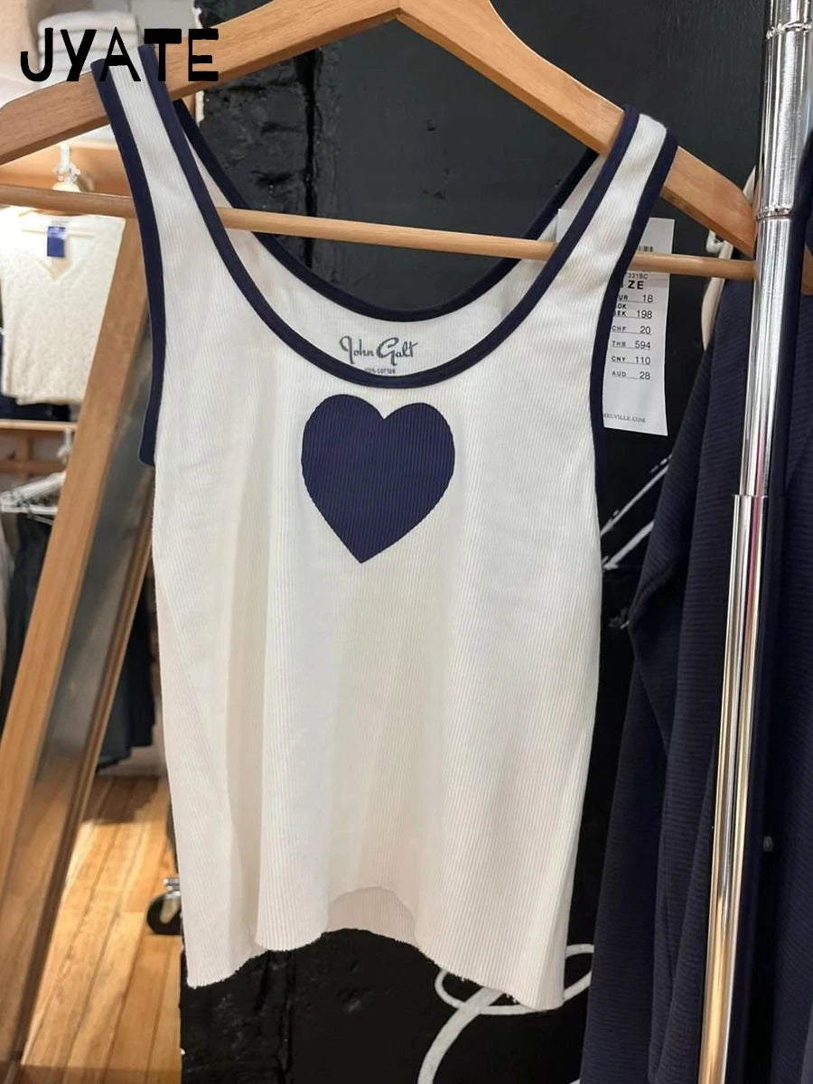 Heart White U Collar Cotton Tank Tops Women Summer New Ribbed Slim Sexy Raw Hem Sleeveless Vests Vintage Chic Harajuku Crop Top