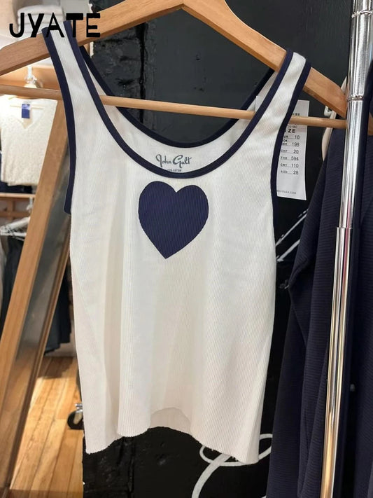 Heart White U Collar Cotton Tank Tops Women Summer New Ribbed Slim Sexy Raw Hem Sleeveless Vests Vintage Chic Harajuku Crop Top