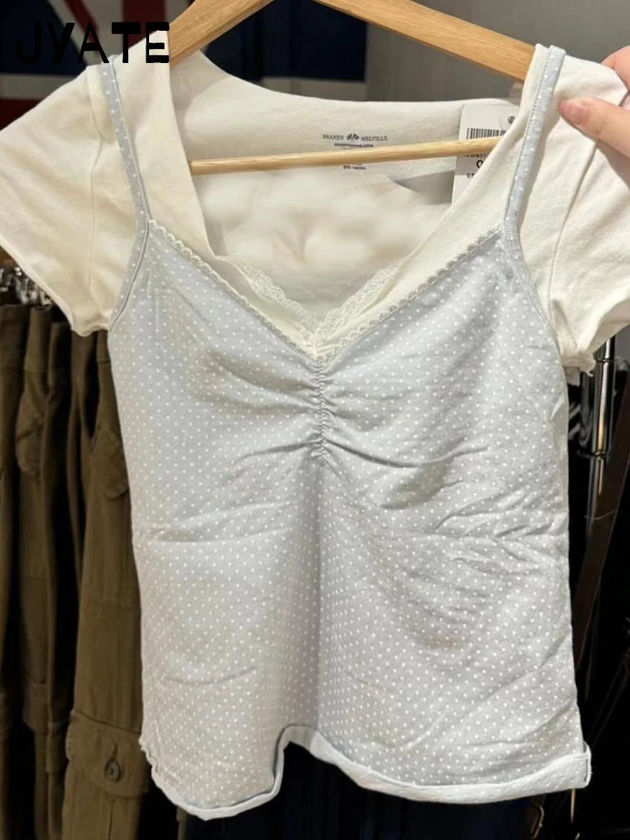 Blue Polka Dots Print Folds Camisole Women New Cotton Simple Casual Lace Trim Sleeveless Vests Sweet Cute Vintage Tank Tops Y2K