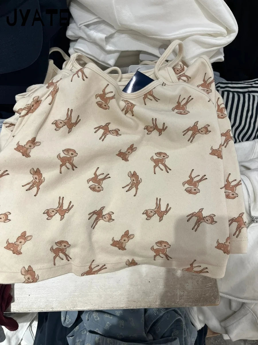 New Cute Little Deer Print Camisole Women Summer Cotton O-neck Simple Casual Slim Cropp Vests Sweet Vintage Chic Tank Tops Y2K