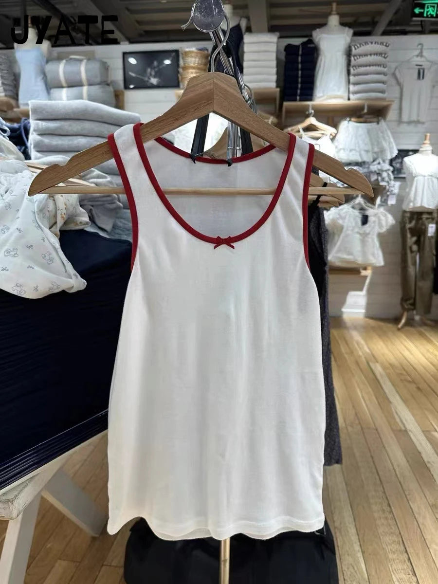 New Duck Embroidered Tank Top Women Spring Casual Preppy Style Slim Red Hem U-neck Sleeveless Camis Cute Sweet Vintage Vests Y2K