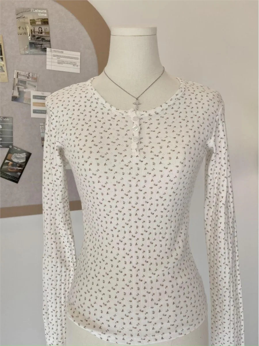 Sweet Solid Hollow Out T-shirts Femme Y2K Button Casual Basic Slim Long Sleeve Tees Women Preppy Style Vintage Cute Tops Clothes