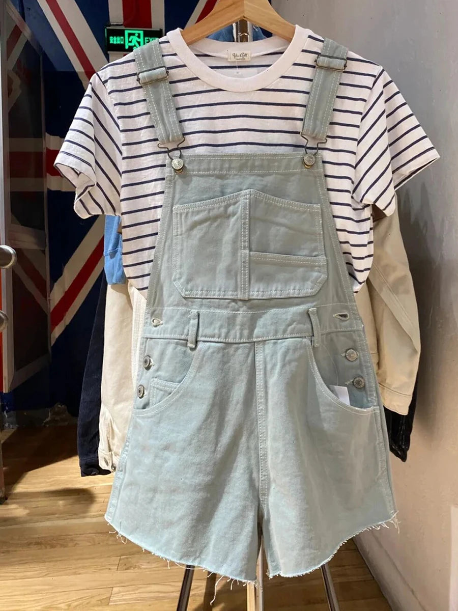 Vintage Navy Raw Hem Denim Overalls Women Summer Casual High Waist Pockets Straight Short Pants Streetwear Preppy Style Shorts