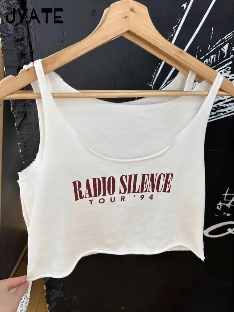 Guitar Print Raw Hem Cropped Vests Women New Fashion Cotton Casual Preppy Style Sleeveless Crop Top Vintage Sweet Tank Tops Chic