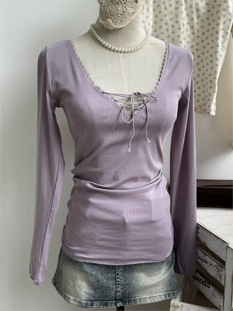 Purple Lace Trim V-neck T-shirts Women Spring Streetwear Chic Cotton Lace-up Long Sleeve Tees Sweet Cute Preppy Style Tshirt Y2K