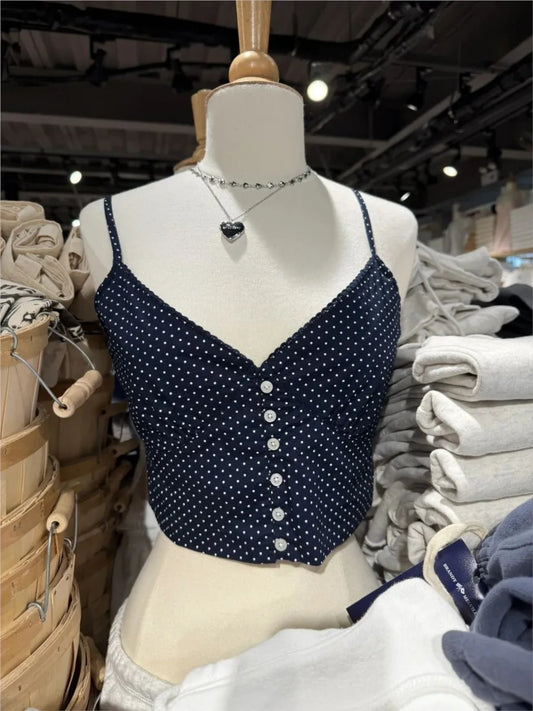 Vintage Navy Polka Dot Slim Crop Top Women Summer Cotton Single Breasted V-neck Cropped Camisole Streetwear Sweet Tank Tops New