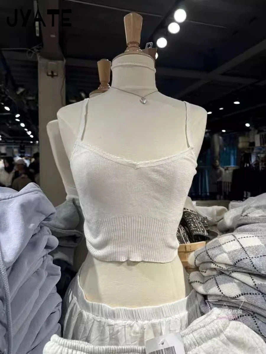 Simple Basic White Slim V-neck Crop Tops Women New Cotton Knitted Casual Sleeveless Tank Tops Sweet Cute Vintage Camisole Y2K
