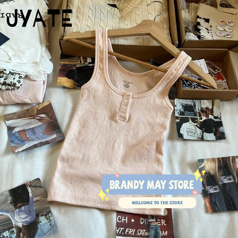Pink Ribbed Cotton Tank Tops Women Summer New Casual Buttons U-neck Sleeveless Vests Sweet Basic Simple Preppy Style Camis Y2K