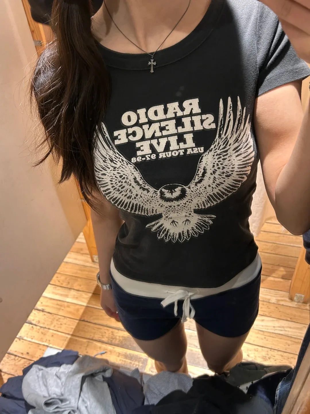 American Vintage Crop Top Women Streetwear Crew Neck Cotton Slim Short Sleeve T-shirts Fashion Black Eagle Print Tops Tees Y2k