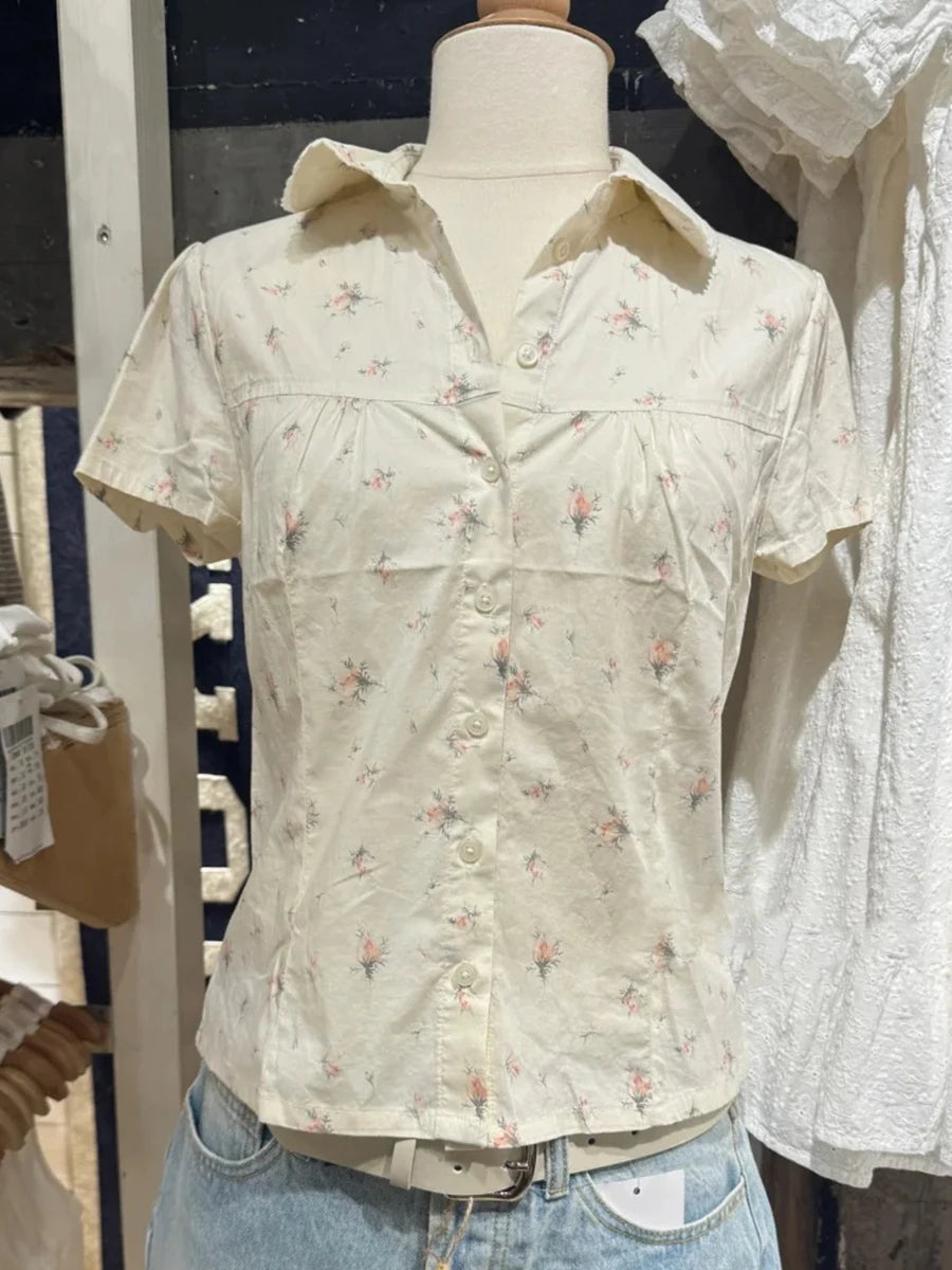 Blue Striped Peter pan Collar Blouse Women Casual Preppy Style Buttons Short Sleeve Tee Sweet Vintage Cute T-shirts Y2K Tops New