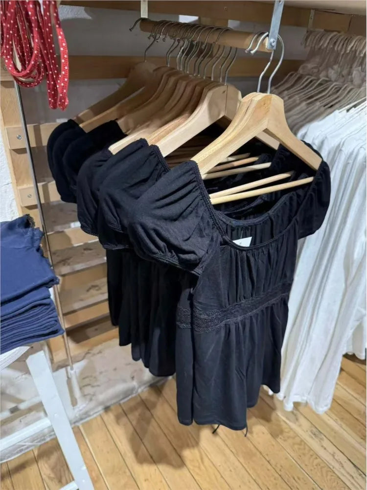Black Lace Trim Babydoll Top Women Summer New Y2K Casual Slim Lace-up Square Collar Tee Tops Sweet Vintage Preppy Style T-shirts