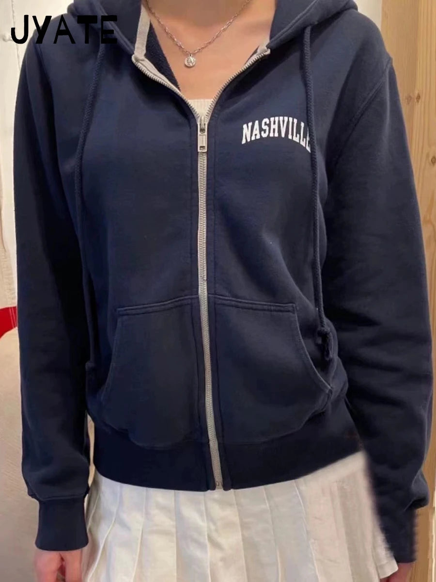 Harajuku Letter Print Zipper Hoodies Women Autumn Casual Pockets Drawstring Hoodie Tops Vintage Loose Chic Y2K Sweatshirts Coat