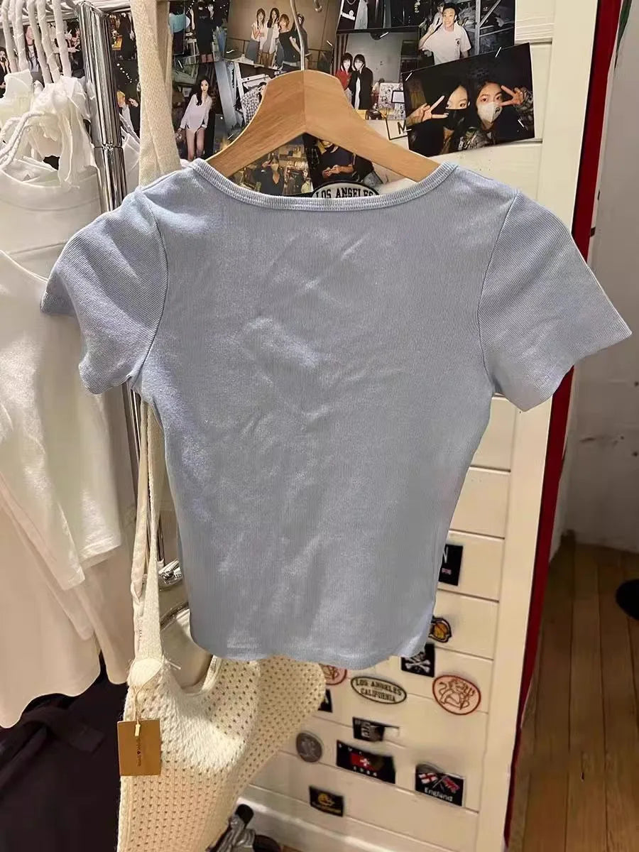 Blue Three Buttons Slim Crop Top Women Casual O-neck Cotton Short Sleeve T Shirt Grils Vintage Sweet Preppy Style Basic T-shirts